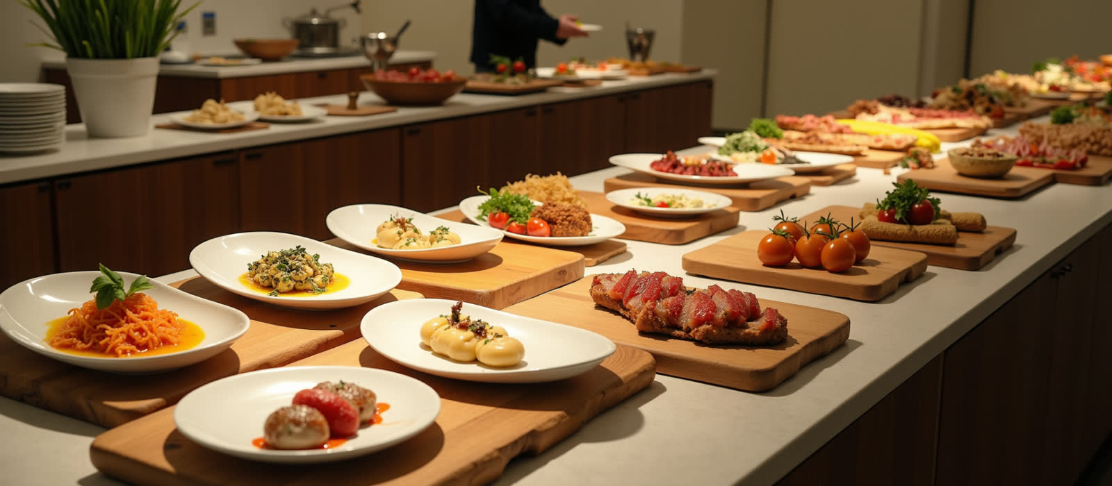 Long catering buffet of plated appetizers and small plates on wooden boards at a Stone Mountain corporate event