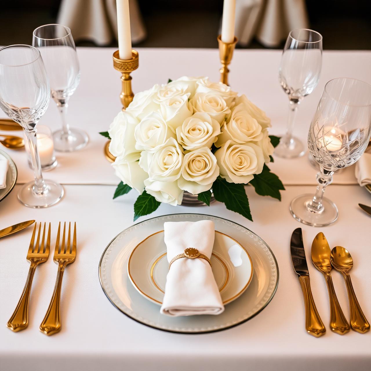 Elegant table setting with gold cutlery and white roses